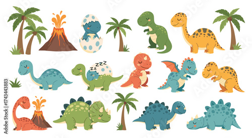 Collection of cute cartoon dinosaurs and prehistoric elements for children's designs.