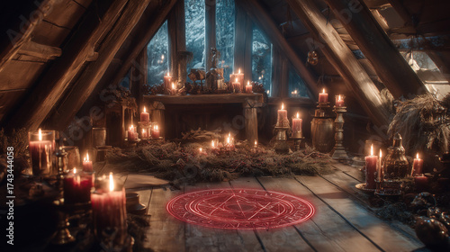 Wallpaper Mural Explore ancient pagan Yule traditions in a mystical wooden cabin surrounded by candles and folklore artifacts Torontodigital.ca