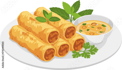 Detailed Illustration of Crispy Spring Rolls with Dipping Sauce Cuisine