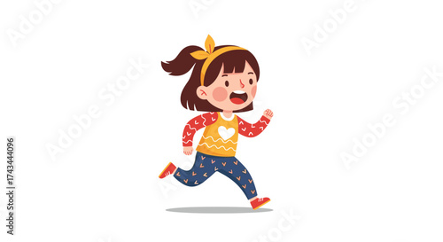 A happy young girl with a yellow headband is running energetically in a park with a bright orange shirt and patterned pants.