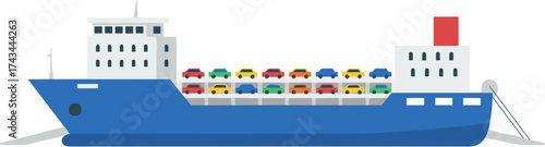Flat Illustration of Car Carrier Ship Loaded with Colorful Automobile Transport