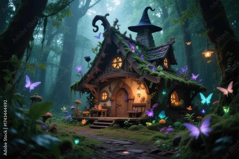 Fototapeta premium Enchanted Woodland Setting Including Enchantress Cottage