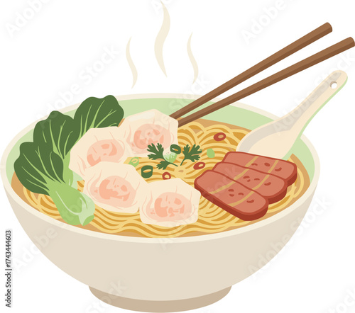 Flat Illustration Bowl of Noodle Soup with Dumplings Cuisine