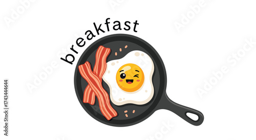 Cute cartoon fried egg with bacon in a pan.