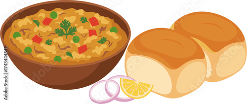 Flat Style Delicious Pav Bhaji Dish with Bread Bun Cuisine Illustration