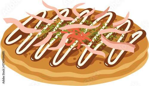 Flat Design Traditional Okonomiyaki Dish with Toppings on Japanese Pancake
