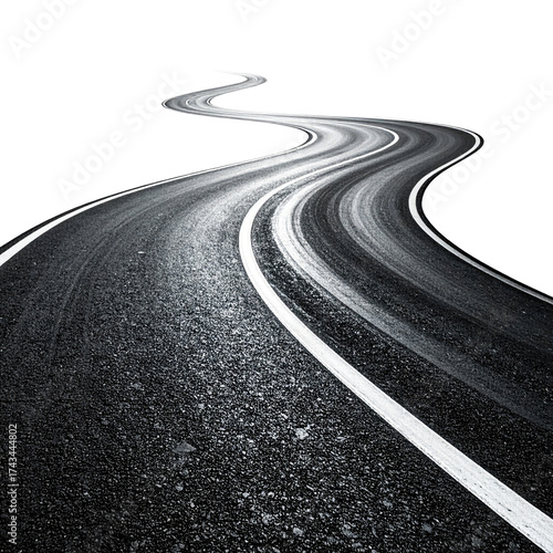 A winding asphalt road with a solid white lane line curving into the distance, against a black backdrop