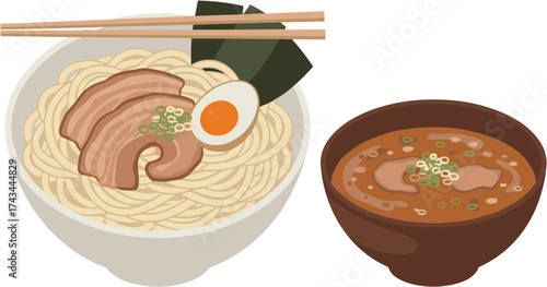 Flat Lay Delicious Japanese Ramen Noodle Soup with Side Dish Illustration