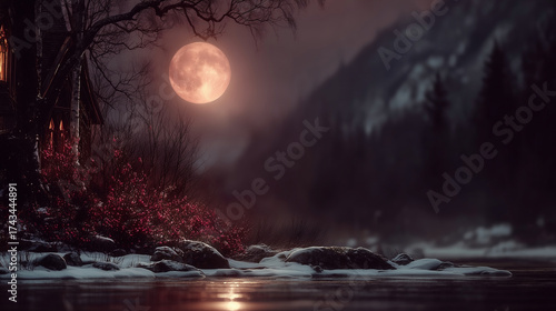 Wallpaper Mural Discover the ancient magic of Yule traditions by the serene river under a glowing full moon in a mythical forest landscape Torontodigital.ca