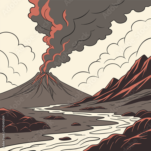 Dynamic volcanic landscape featuring a powerful eruption with molten lava flowing and dark ash clouds billowing against a dramatic sky rendered in vibrant vector graphics