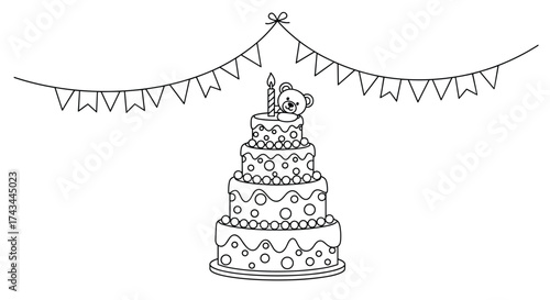 A delightful three-tiered birthday cake adorned with playful polka dots and a charming teddy bear topper.