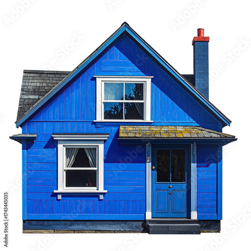 A vibrant blue house with a traditional design, two windows, and a chimney against black