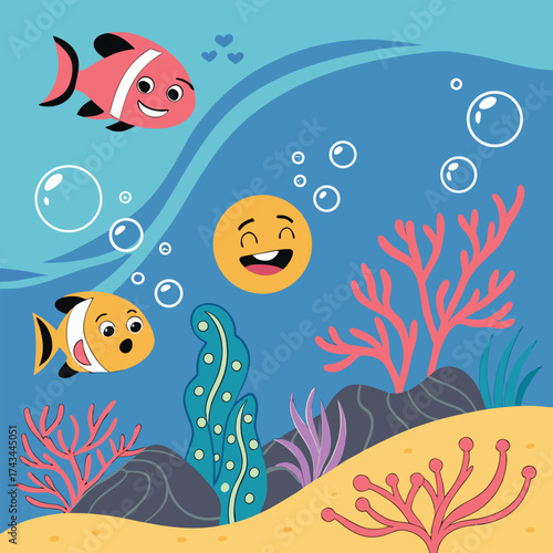 Vibrant underwater scene featuring playful fish decorative coral formations and shimmering bubbles perfect for ocean themed designs and aquatic illustrations