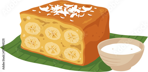 Cartoon Style Banana Cake with Coconut Flakes and Creamy Sauce Dessert