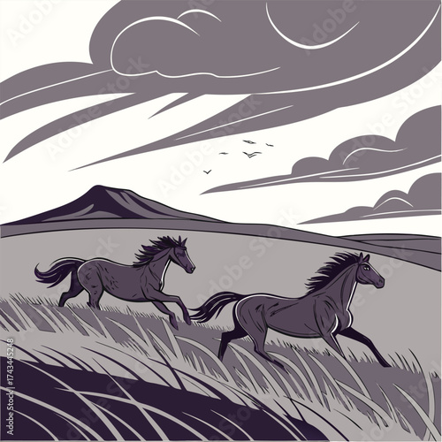 Majestic wild horses gallop freely across a vast open prairie under a clear sky captured in a dynamic vector illustration