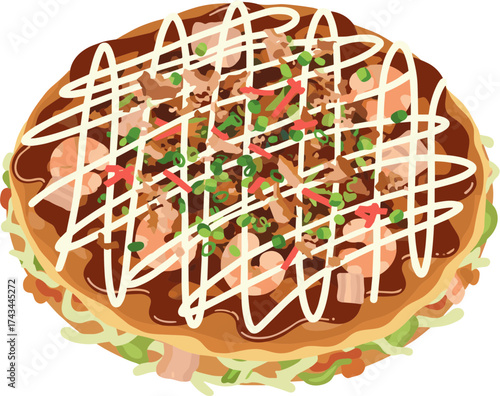 Detailed Illustration Japanese Okonomiyaki Pancake Topped with Shrimp and Condiments