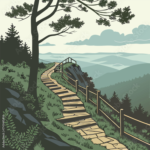 Scenic mountain trail winding through a picturesque landscape leading to a breathtaking overlook perfect for travel and outdoor adventure themes