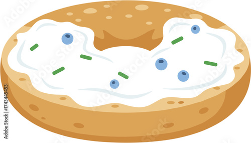 Flat Style Bagel with Cream Cheese and Blueberries Icon Illustration