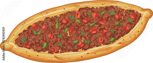 Detailed Cartoonish Turkish Pide Flatbread with Ground Meat Topping Culinary