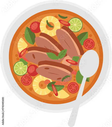 Flat Illustration Delicious Duck Curry with Pineapple and Tomato on Plate