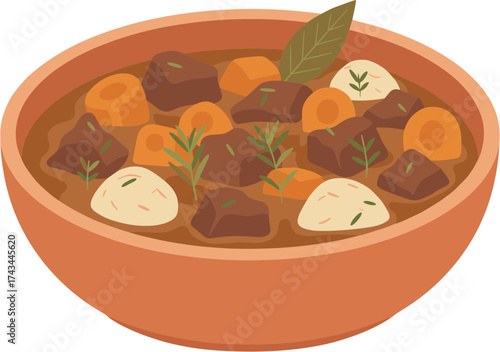 Simple Flat Style Delicious Meat Stew Illustration with Carrot and Potato