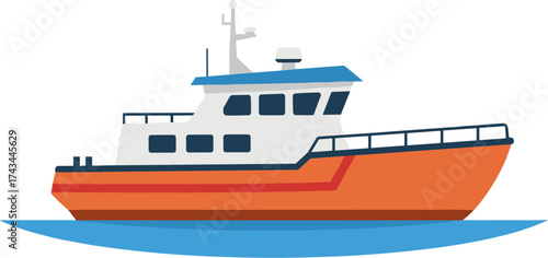 Flat Detailed Fishing Boat on Water Transportation Illustration