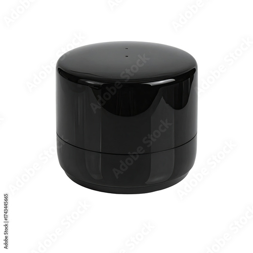 Sleek, black, cylindrical device, shiny surface, on dark background, minimalistic design