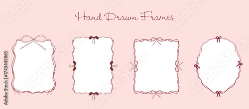 Hand drawn coquette frames with bows and ribbons. Elegant doodle vintage borders for wedding stationery, invitations, posters, prints and minimalist romantic design. Vector art illustration
