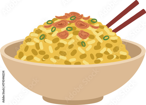 Simple Flat Illustration of Fried Rice in a Bowl with Chopsticks