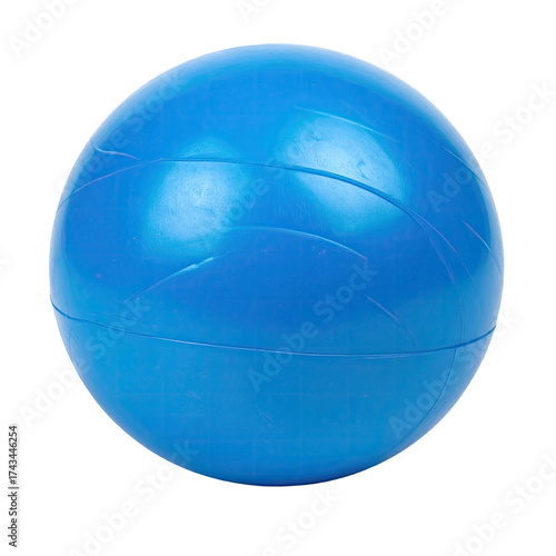 A glossy, cobalt blue fitness ball isolated against a black background. Lines mark its surface