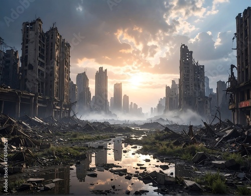 Ruined cityscape at sunset