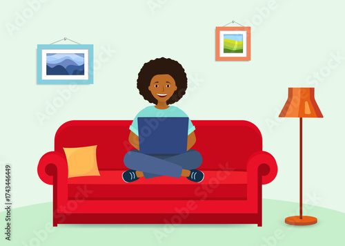 African woman in jeans set with afro hairstyle. Surprised african american woman. Work on laptop. Works at home. Cozy house room. Vector illustration.