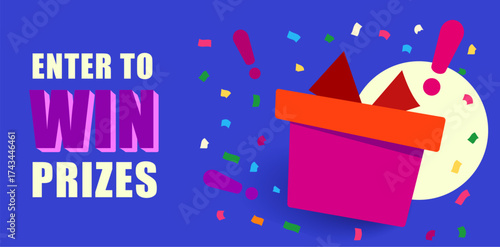 Enter to win prizes. vertical banner. red gift box on blue background and exclamation marks. Fireworks or confetti around. Cartoon origami style vector illustration.