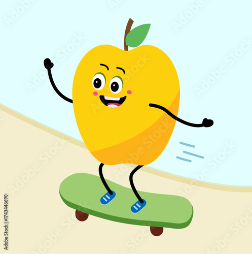 Cute apple character riding a skateboard. Cartoon Happy apple on skateboard.