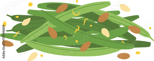 Flat Style Green Bean Almond Salad Dish for Healthy Food Concept