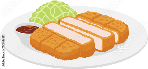 Detailed Style Japanese Tonkatsu Fried Pork Cutlet Plate Illustration