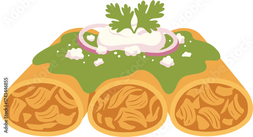Flat Style Delicious Mexican Food Enchilada with Sauce and Topping Illustration