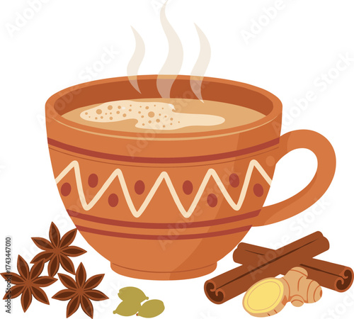 Flat Illustration Traditional Masala Chai Tea Cup with Spice Ingredients