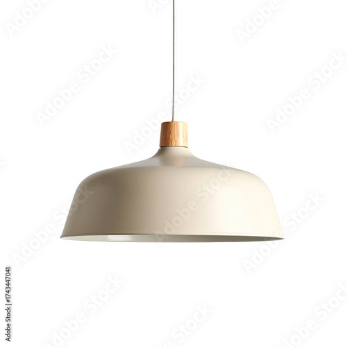 Pendant light with off-white shade, wooden accent, chrome stem, suspended against black