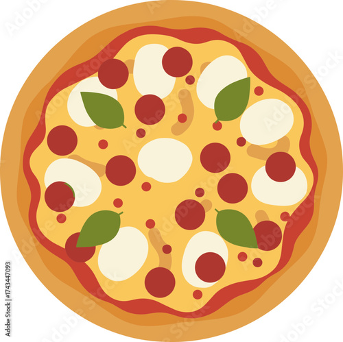 Flat Style Delicious Italian Pizza with Basil Leaves Icon Illustration