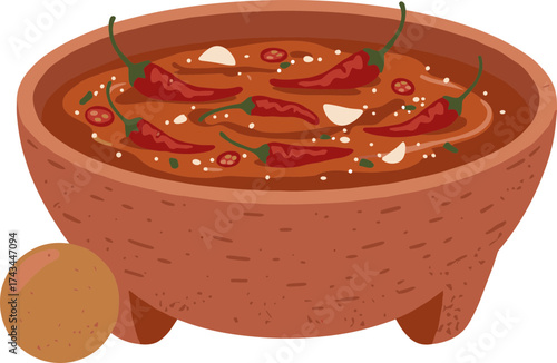 Cartoon Spicy Chili Sauce in Molcajete Bowl with Tortilla Illustration