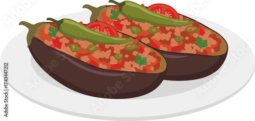 Flat Lay Delicious Stuffed Eggplant Dish with Pepper on Plate