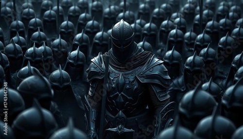 A lone black knight, armor dented, encircled by a menacing horde of shadowy figures,  videogame,  warrior