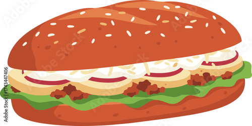 Flat Illustration Delicious and Tasty Sub Sandwich with Various Toppings