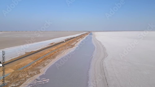 Aerial view of the Road to Heaven, Dholavira, stretching across the White Rann of Kutch, India, Stunning desert landscape with endless salt flats and a serene sky,  Road to heaven, Rann of Kutch