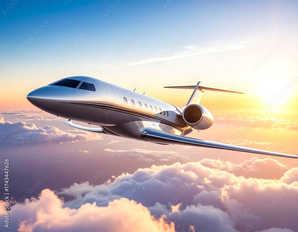 Obraz premium Private jet soaring through clouds at sunrise