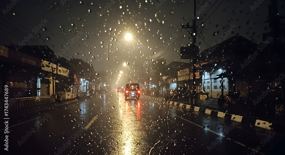 Obraz premium City street at night with car lights and heavy rain atmosphere