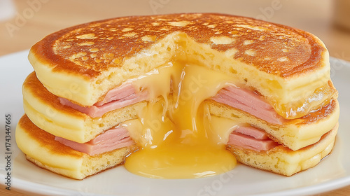 Stack of fluffy pancakes filled with sliced ham and a decadent flow of melted cheese sauce