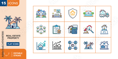 Fifteen flat icons representing real estate property concepts and services vector