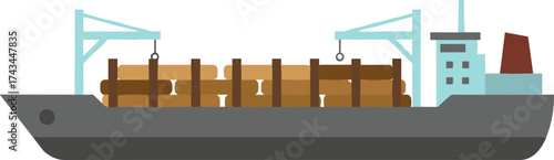 Flat Illustration Cargo Ship Transporting Lumber Timber Wood Log Minimalist Style
